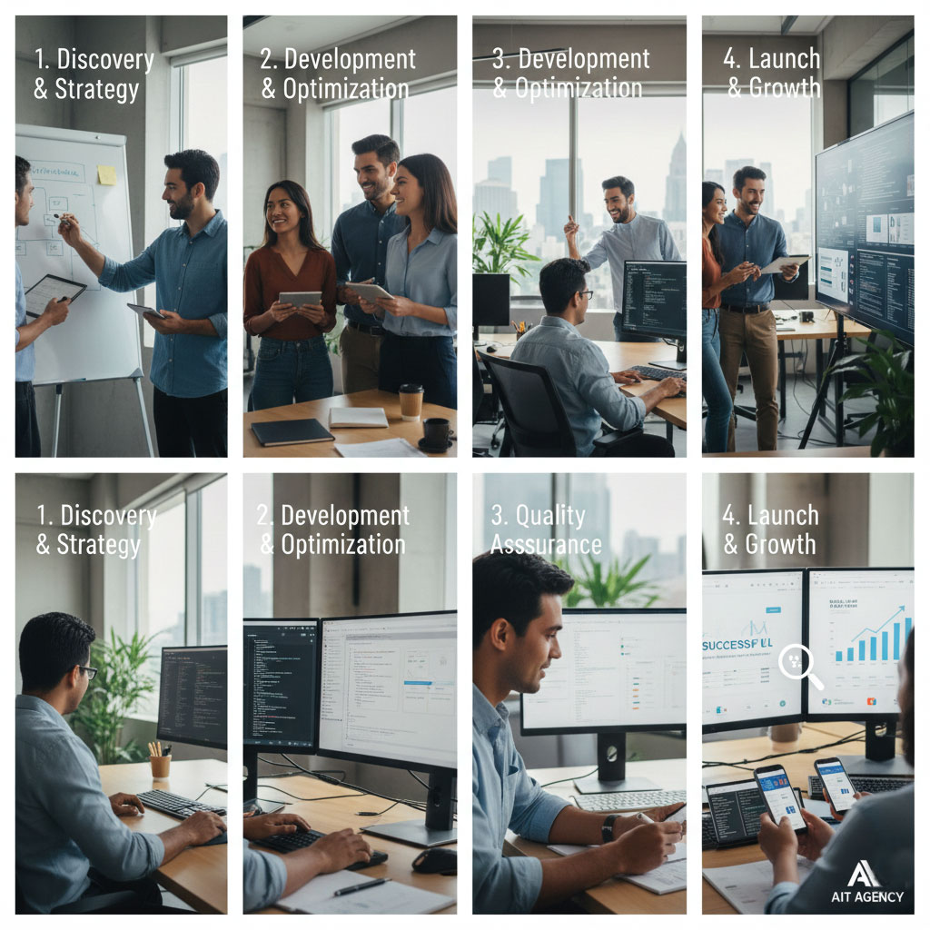 AIT Agency process showing discovery, development, QA, and growth